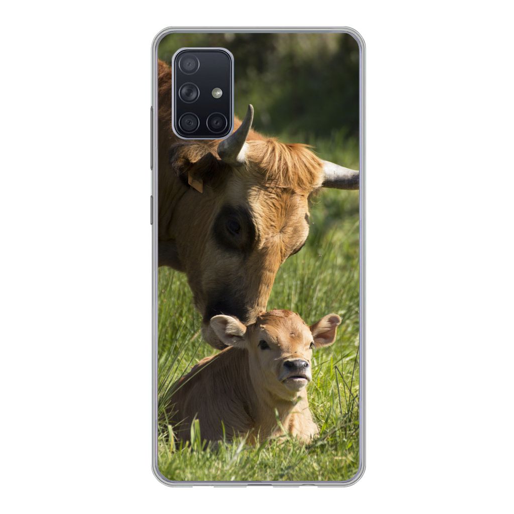 MuchoWow Handyhülle Schutzhülle Hülle für Samsung Galaxy A71 Kuh - Gras - Horn - Kalb Silikon Softcase Handy Hülle - Kartenbesitzer