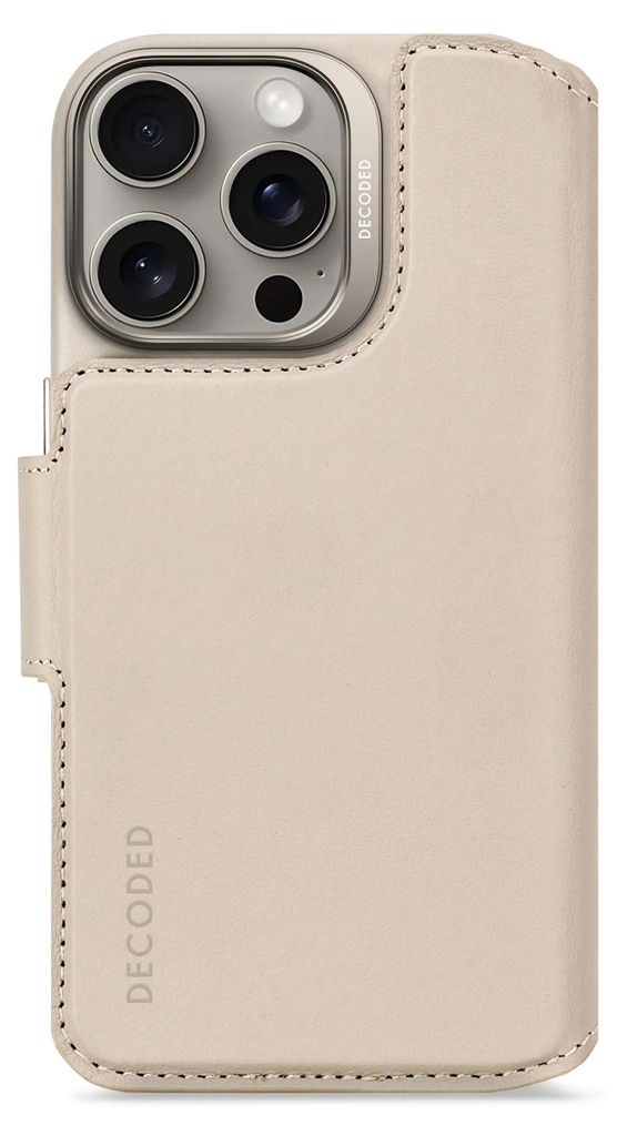 A close-up view of a beige leather wallet case for a smartphone, showing the camera cutout and the brand logo.