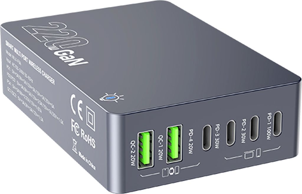 6-In-1 Ladestation Hub 220W GaN Schnelle Lade Block mit Auto Detect PD Typ-C & USB-A Multi-funktionale Desktop Ladegeraete fuer Mobile