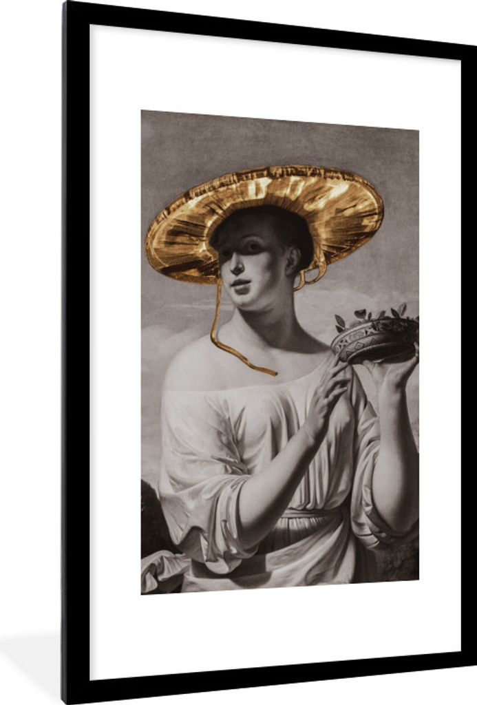 MuchoWow MuchoWow Gerahmtes Poster Mädchen mit breitem Hut - Cäsar van Everdingen - Gold 60x90 cm - Poster mit zchwarzem Bilderrahmen - Dekor...