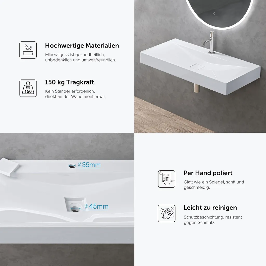 doporro Lavabo da Appoggio o Sospeso Rettangolare 80 cm in Marmoresina Bianco Lucido, Lavandino Bagno con Foro per Rubinetto, Montaggio a Parete - Colossum810 - 6