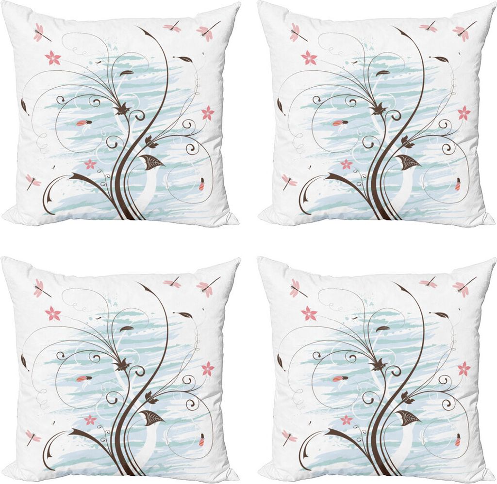 ABAKUHAUS Libelle Kissenbezug Set (4 Stück), Grunge Flower Buds, Moderner Doppelseitiger Digitaldruck, 45 cm x 45 cm, Pale Pink Brown Mint