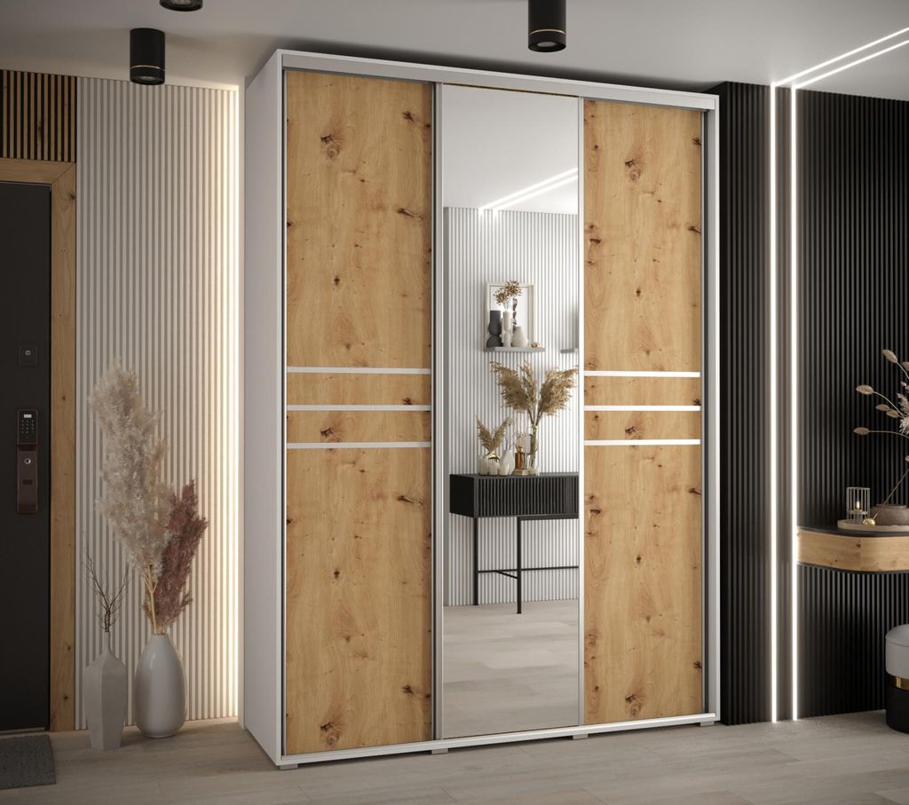 Kleiderschrank YVONA 11 - 170/45 cm, weiß / Eiche handwerklich / silber