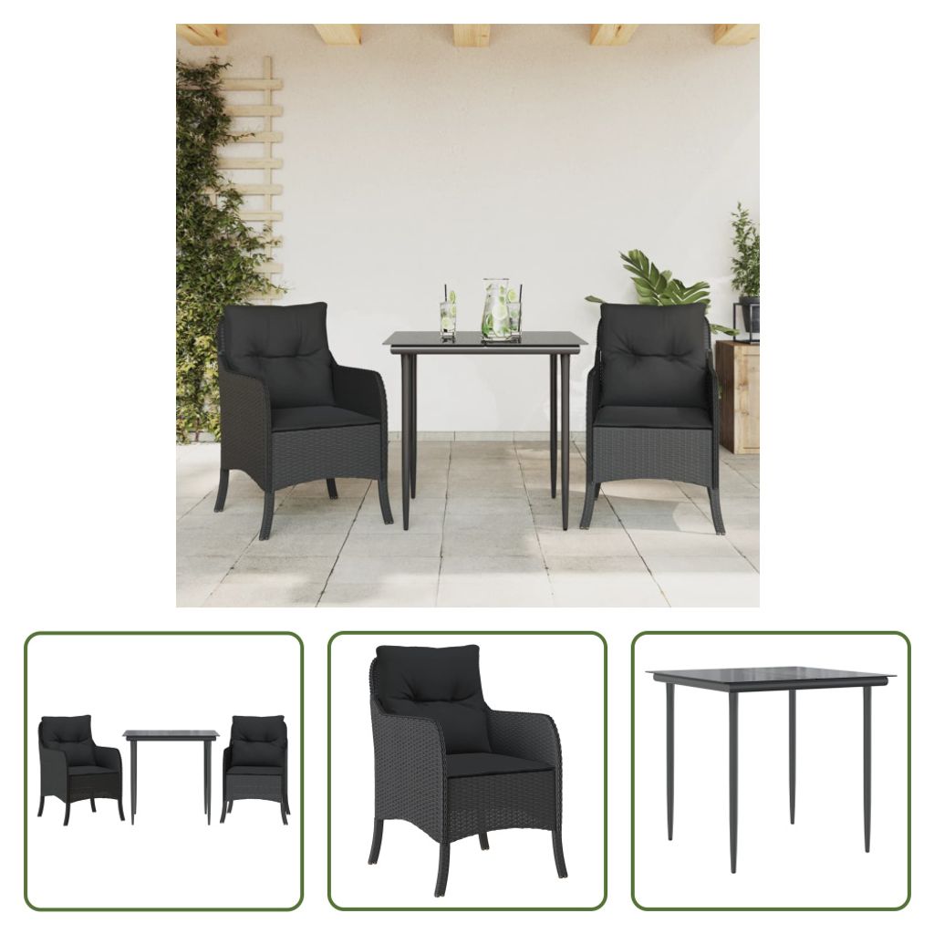 The Living Store 3-tlg. Garten-Essgruppe mit Kissen Schwarz Poly Rattan