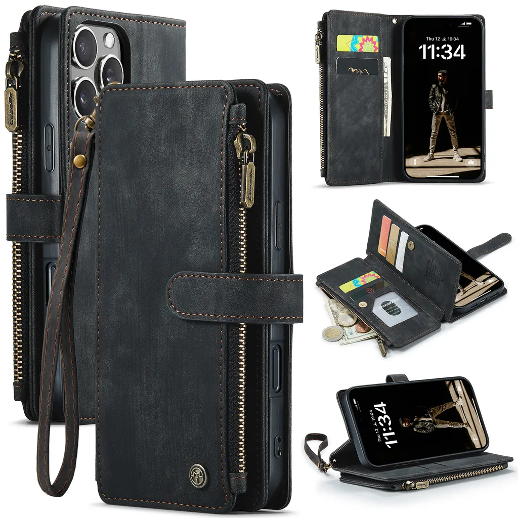 Regalo Ideale: Custodia iPhone 16 Pro Pelle Nera Portafoglio Completa