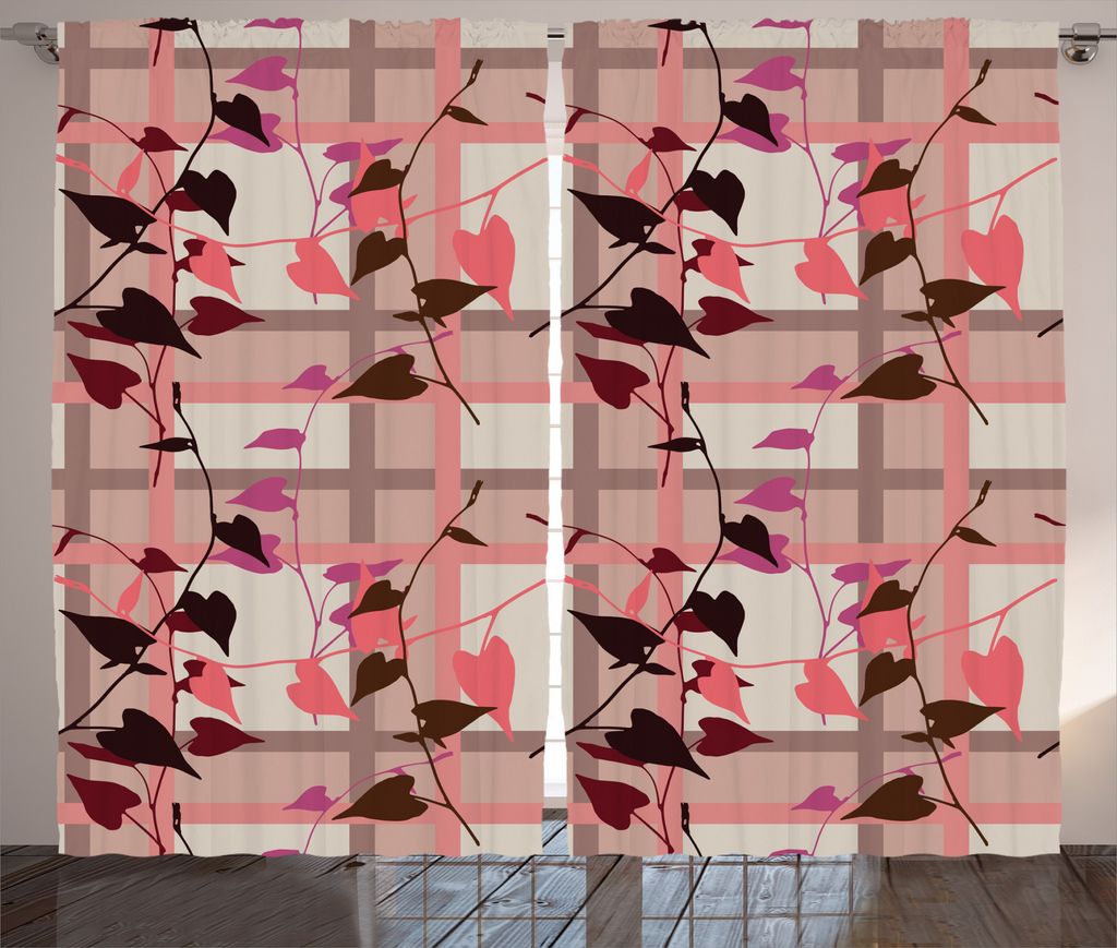 ABAKUHAUS Koralle Rustikaler Vorhang, Herzförmige Blätter, Wohnzimmer Universalband Gardinen mit Schlaufen und Haken, 280 x 225 cm, Korallenrot Grau