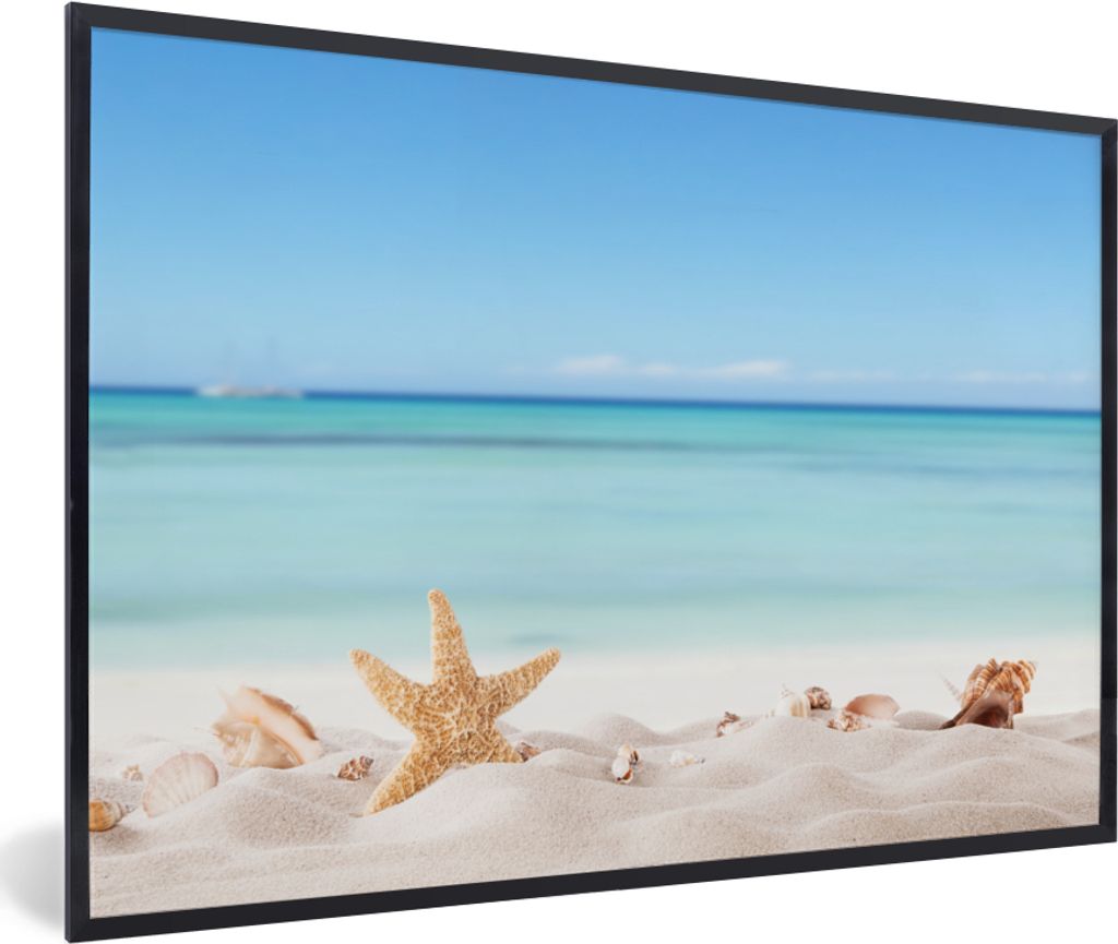 MuchoWow MuchoWow Gerahmtes Poster Strand - Meer - Muscheln - Seesterne 30x20 cm - Poster mit zchwarzem Bilderrahmen - Kunstdruck - Bild-Poster