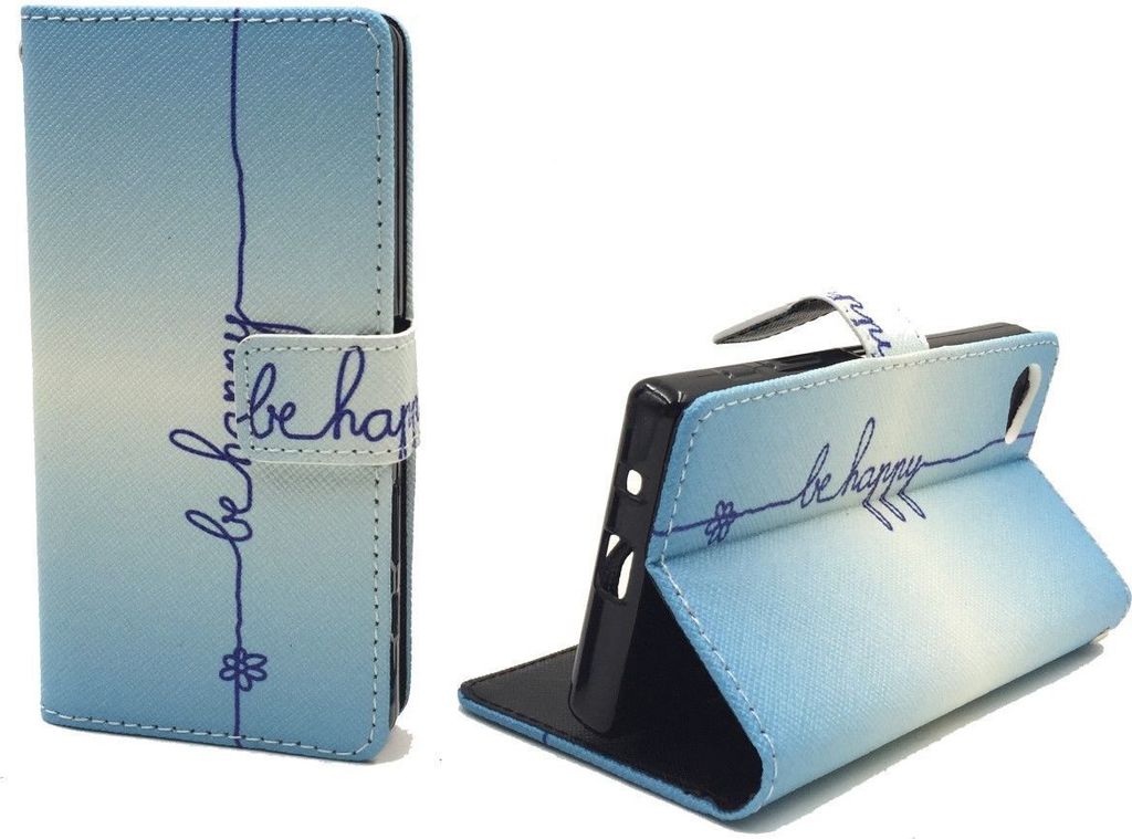 Handyhülle Tasche für Handy Sony Xperia Z5 Compact Schriftzug Be Happy Blau
