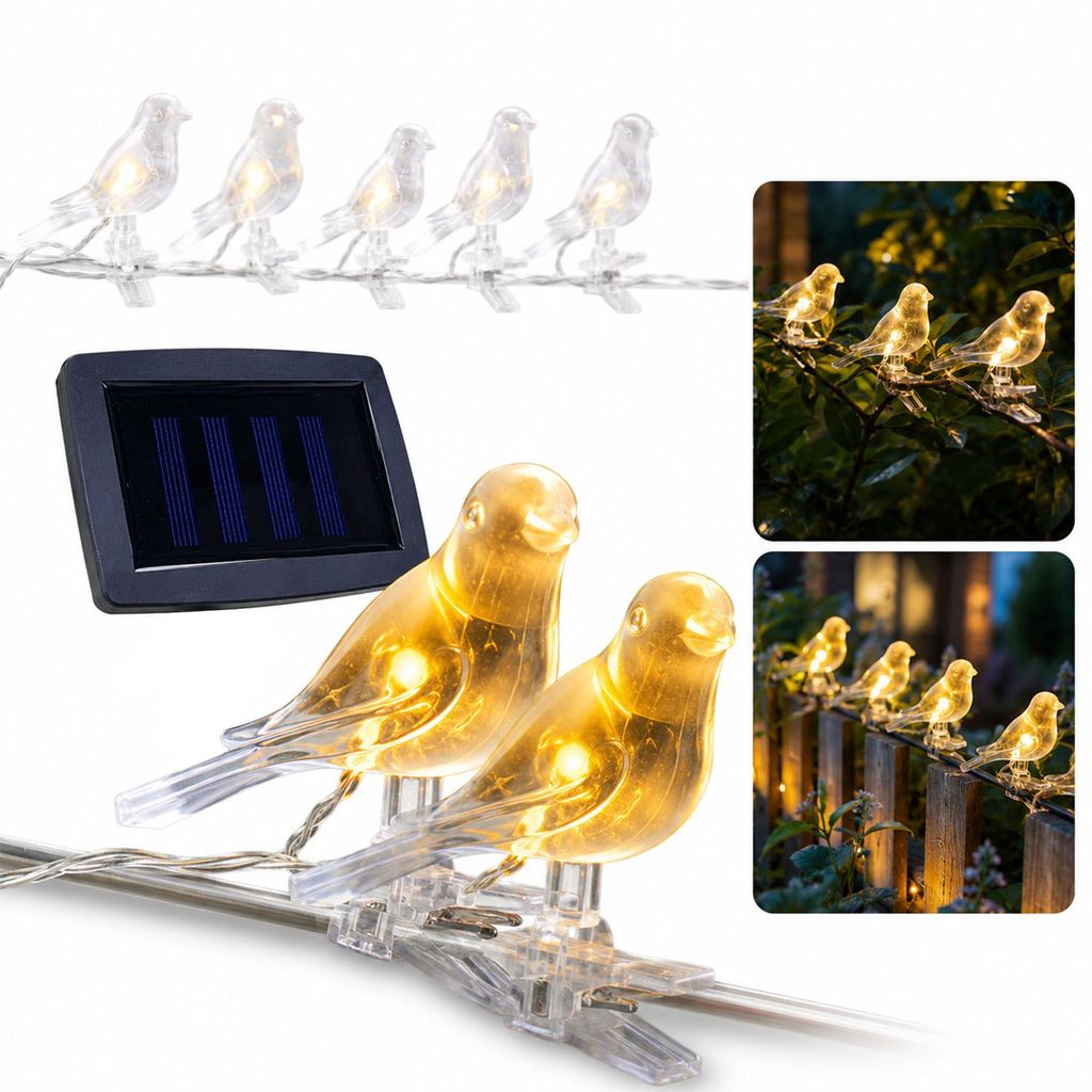 Solar LED Lichterkette mit Deko-Vögeln & Clips, Außen & Produktbild 