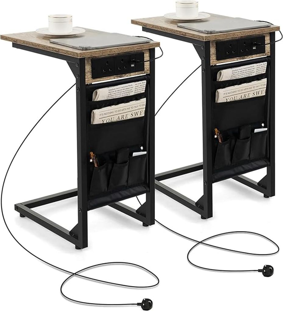 2 Stück Beistelltische in C-Form mit Ladestation, Sofaspitze mit Seitentasche, 2 Steckdosen & 2 USB-Anschlüsse, Nachttisch, 40 x 30 x 60 cm