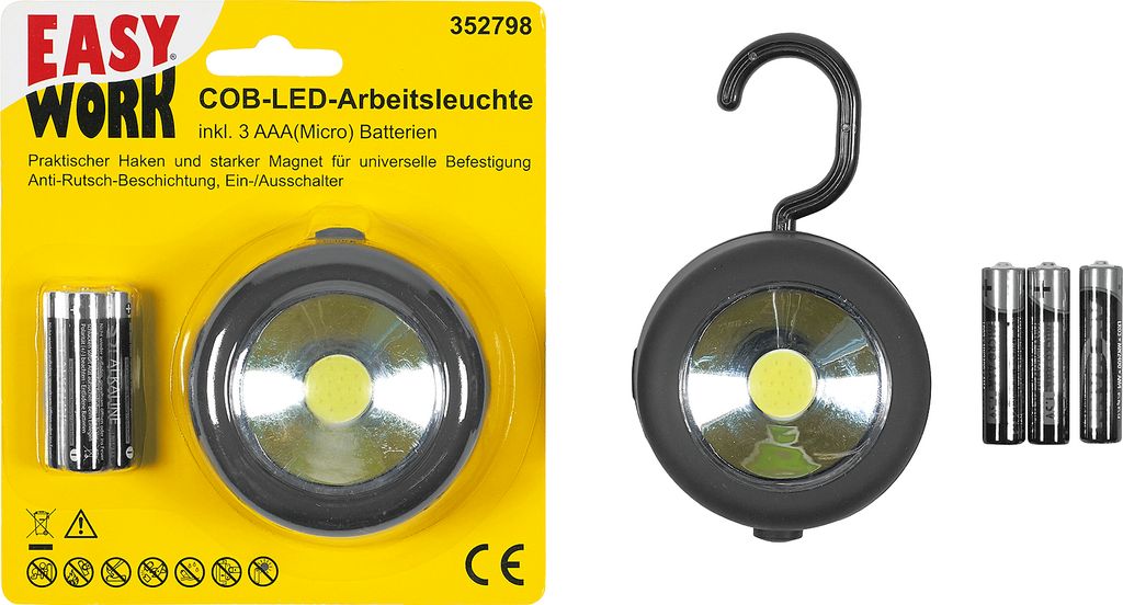 EASY WORK LED Arbeitsleuchte COB mit Magnet und ausklappbarem Haken, mit 3 Batterien AAA