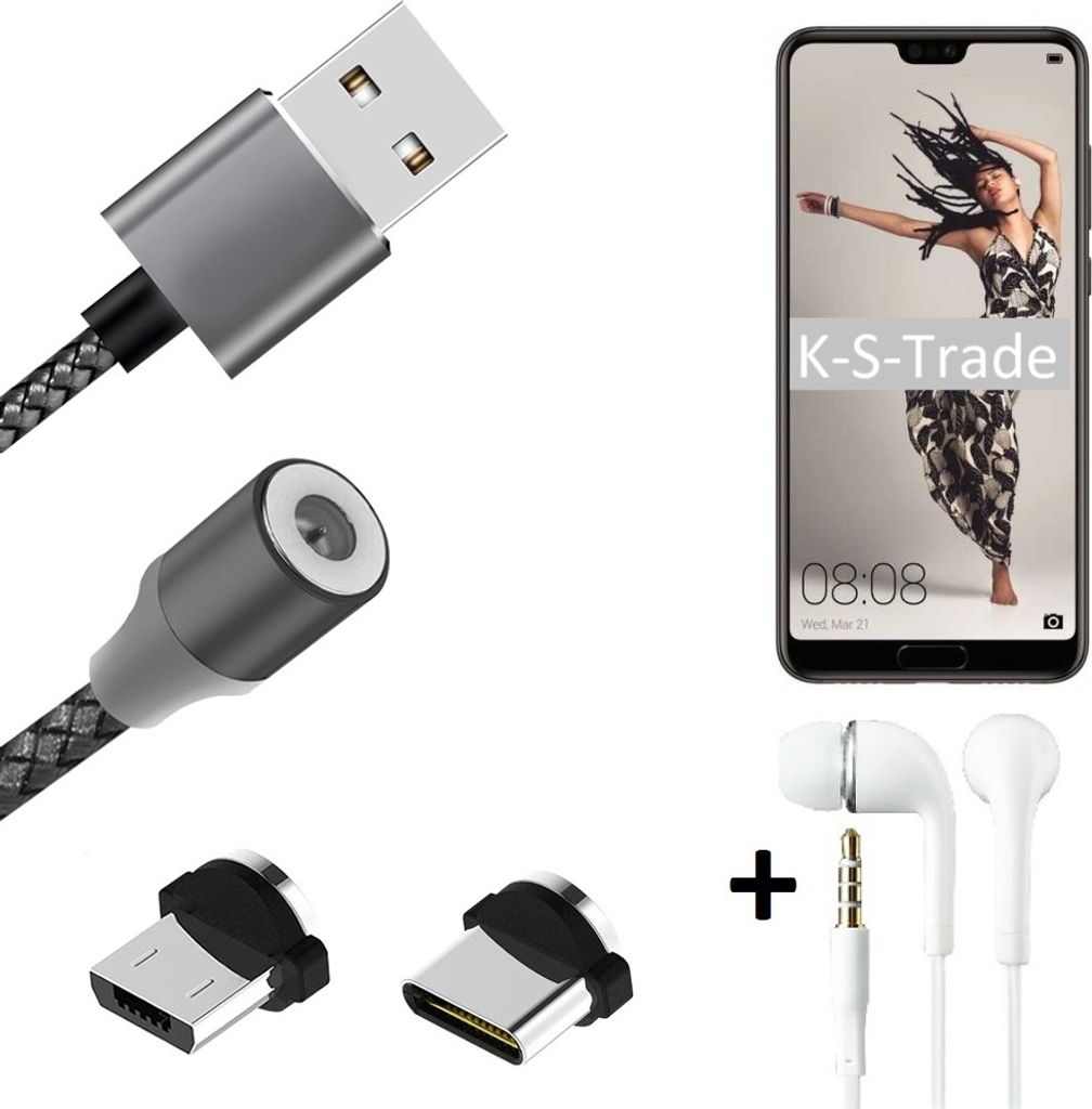 K-S-Trade Hochwertiges Magnet-Lade-kabel Sync-Kabel Daten-Kabel + Kopfhörer kompatibel mit Huawei P20 Pro Single-SIM mit USB-Typ-C-Anschluss und