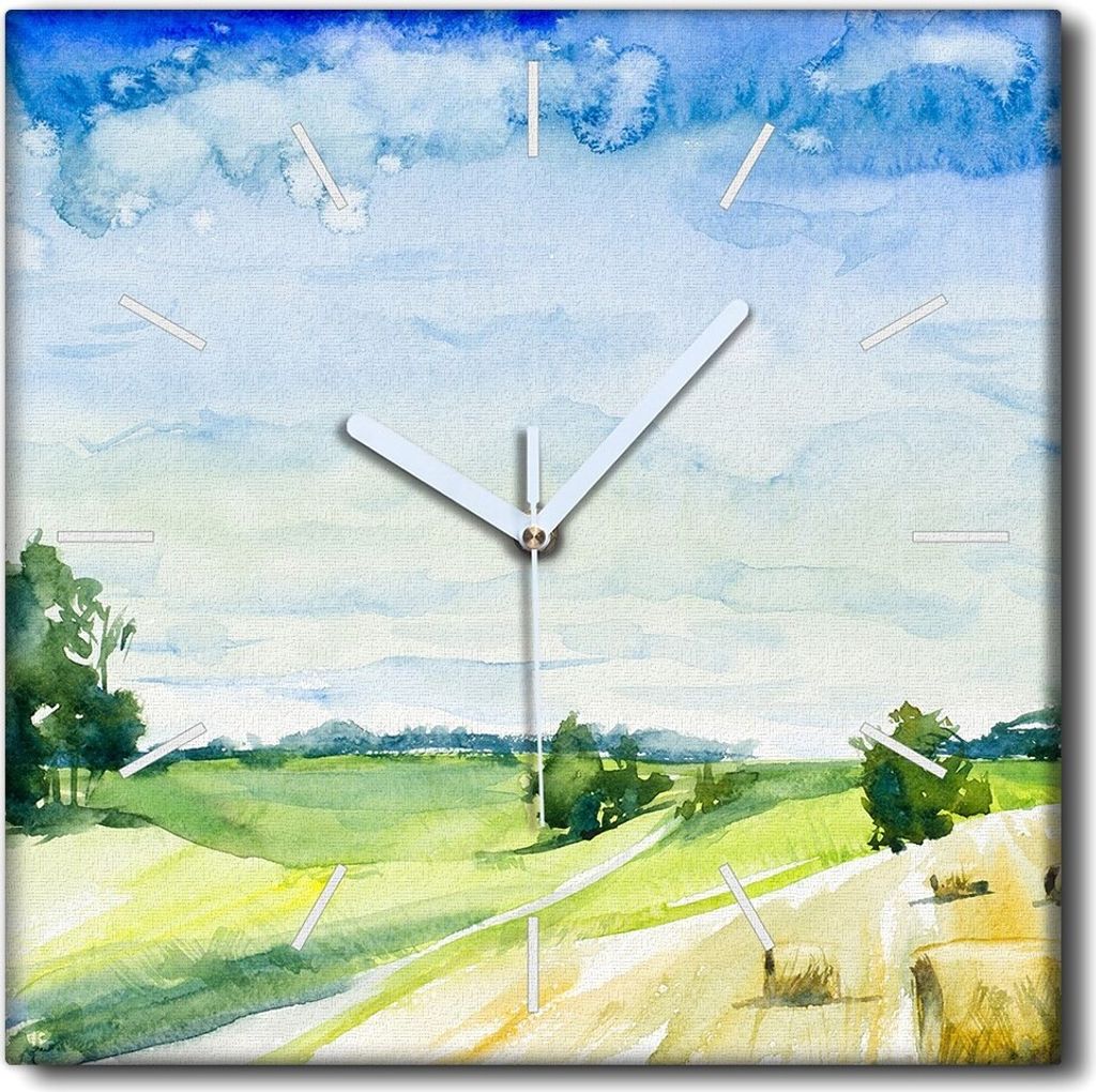 Coloray Uhr auf Leinwand 30x30 cm Wand Uhr Dekoration Wohnzimmer Segeltuch weiße Zeiger -Landschaft einer Aquarellwiese