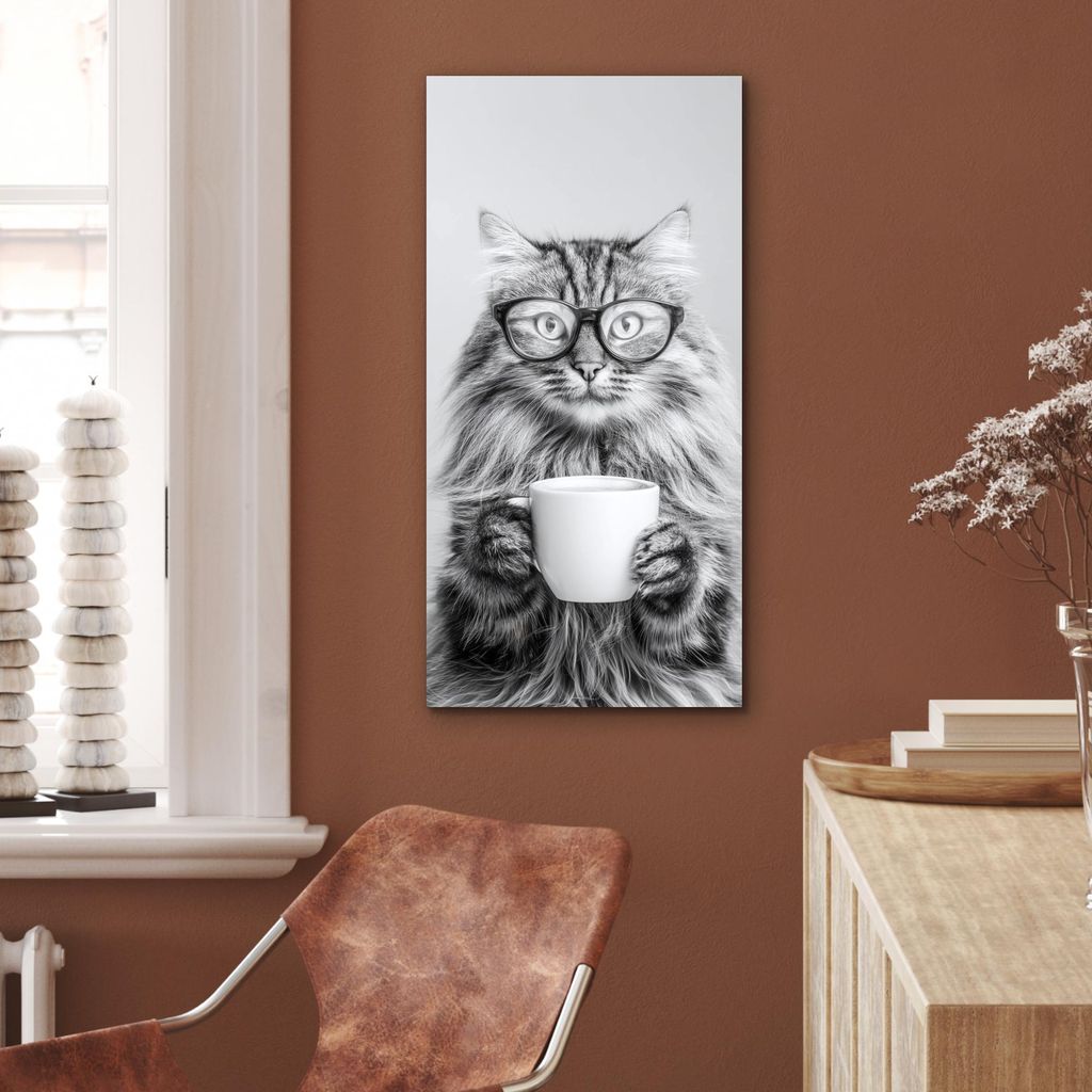 MuchoWow Wanddekoration Metall Metallbild Wandkunst 40x80 cm Katze - Brille - Becher - Flauschig MuchoWow Aluminium Gemälde - Wanddekoration - Ind...