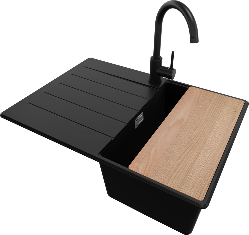 PRIMAGRAN Granitspüle Schwarz 70x50cm, Spülbecken 1 Becken + Küchenarmatur 32x20cm + Ablauf-Set + Schneidebrett, Küchenspüle ab 40er Unterschr...