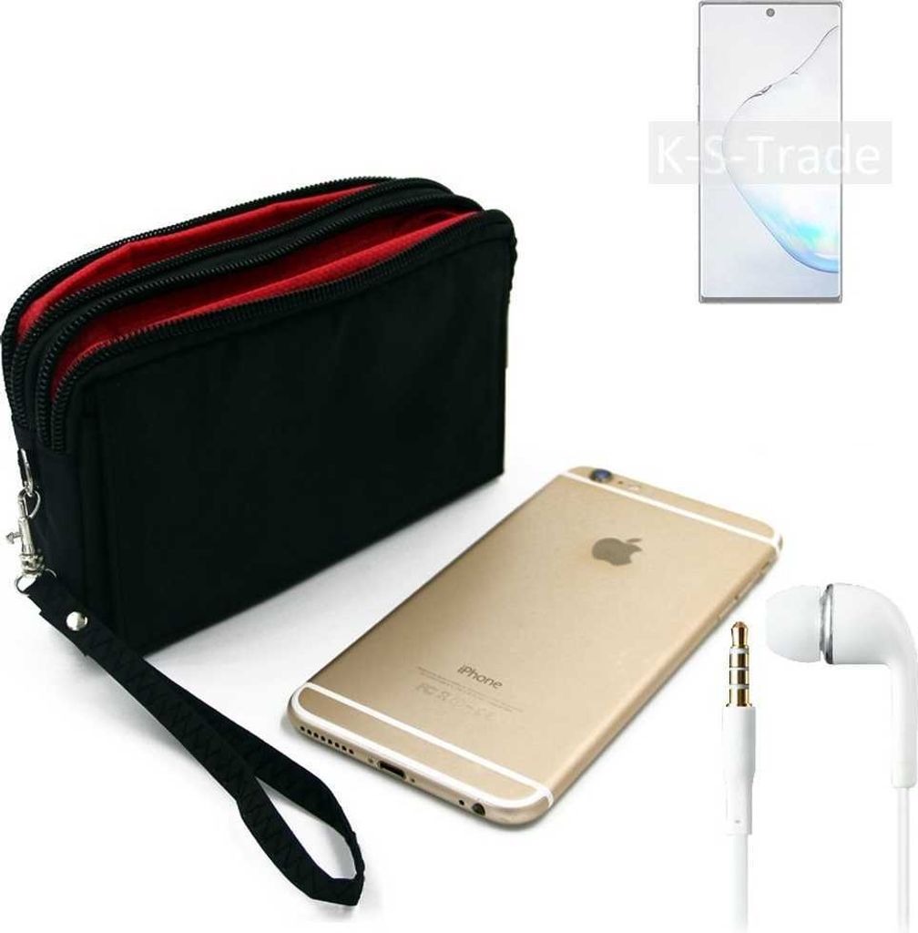 TOP SET kompatibel mit Samsung Galaxy Note10 5G Exynos Handy Hülle Gürteltasche schwarz + Kopfhörer Travel Bag Travel-Case mit Diebstahlschutz
