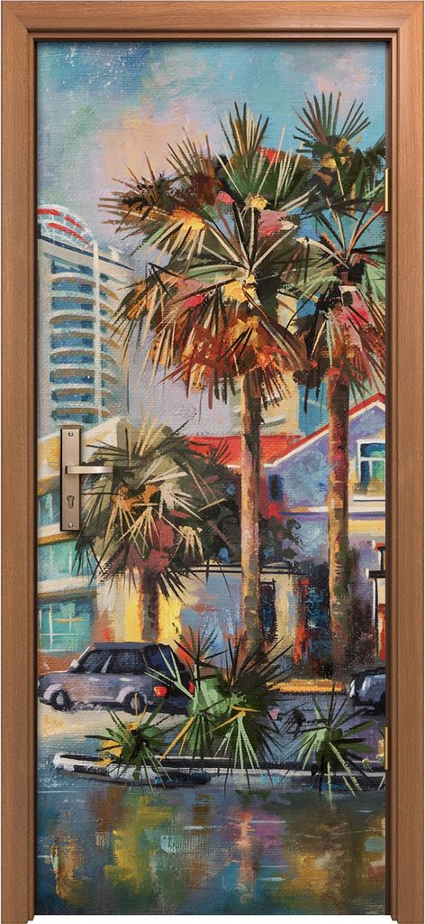 Türposter 80x200 cm Türaufkleber Türtapete Türfolie Klebefolie Deko Sochi Stadt Palme Straße Autos
