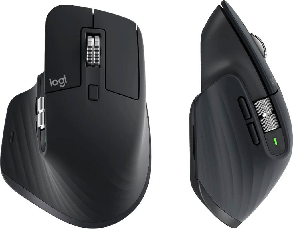 Two views of a black Logitech mouse on a white background.