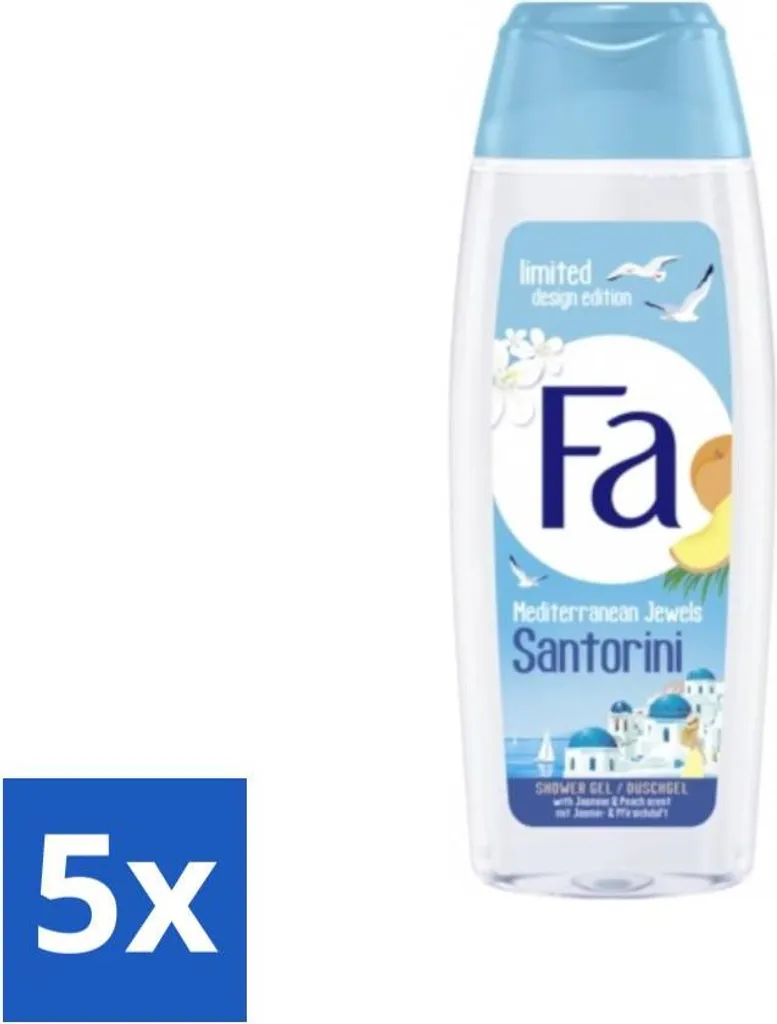 Fa - Gel doccia - Mediterranean Jewels Santorini - Rinfrescante e idratante - Lenitivo - 250 ml - Confezione risparmio - 5 pezzi