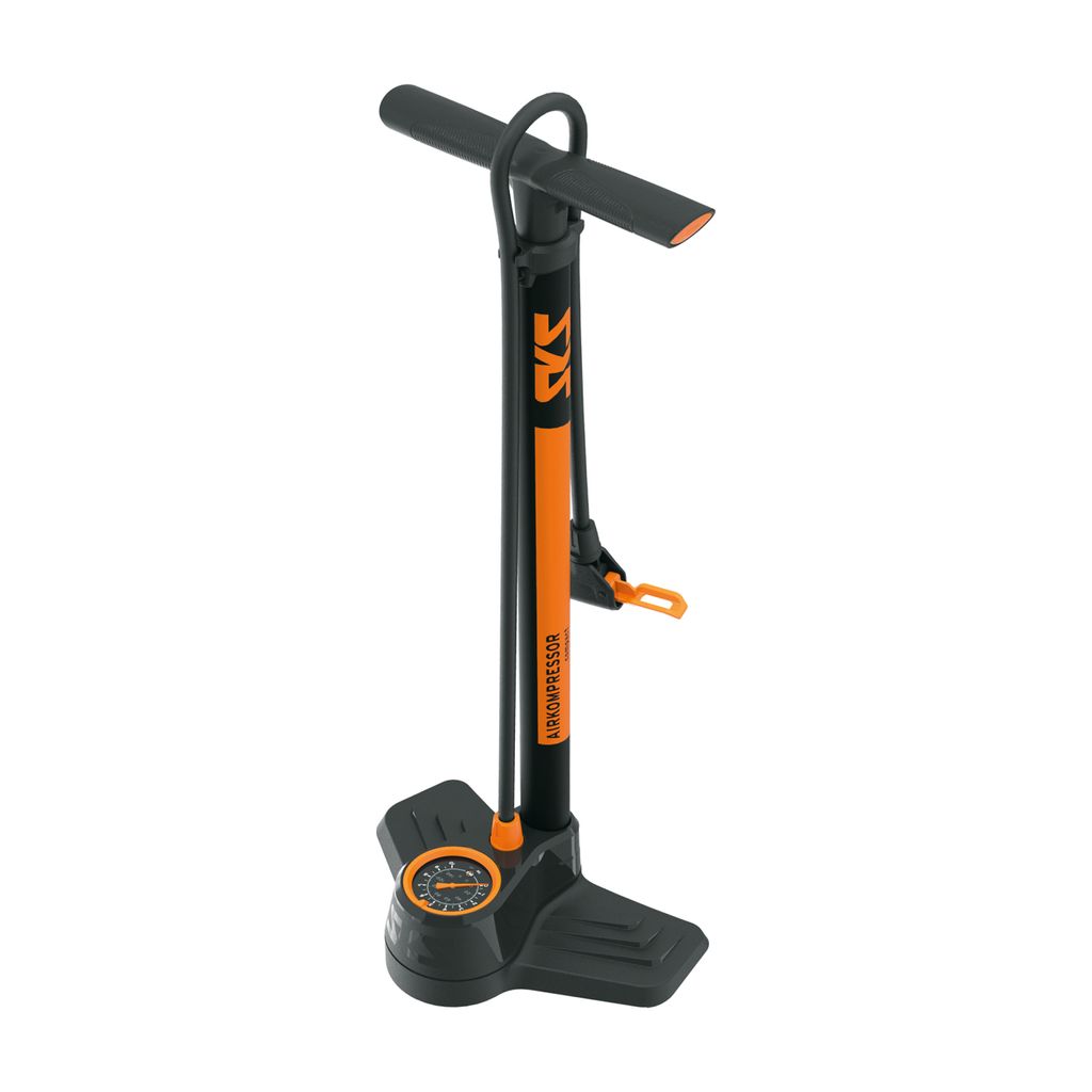 SKS Standpumpe Airkompressor Compact 10 bar DV/SV/AV, 600 mm, mit Manometer, schwarz/orange