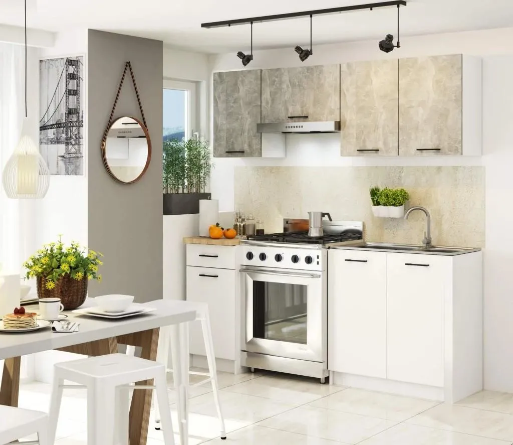 Meuble cuisine 180 cm VERMINA finition béton industriel et blanc