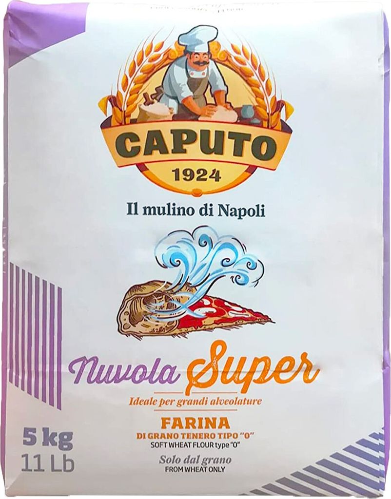 A bag of Caputo Nuvola Super flour with branding and imagery.