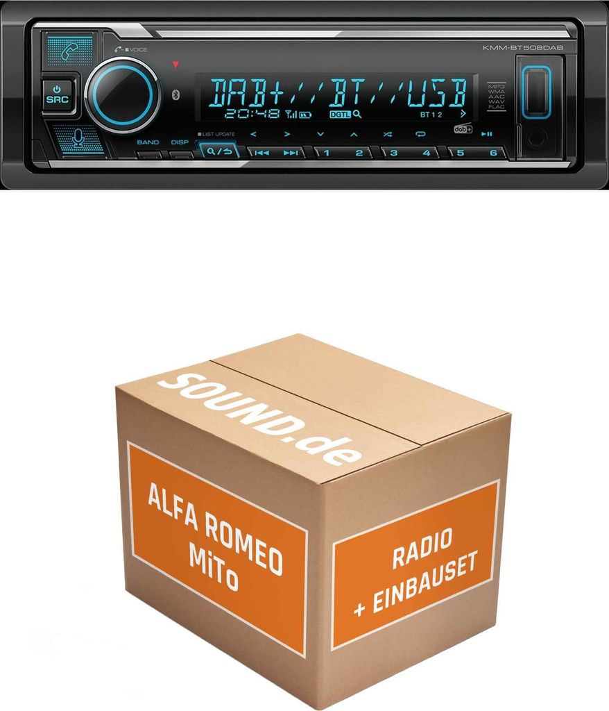 Autoradio Einbaupaket Kenwood KMM BT508DAB passend für Alfa Romeo MiTo + Bosch/Blaupunkt/Delphi/VDO LFB Soundsystem | Bluetooth Telefonieren DAB+