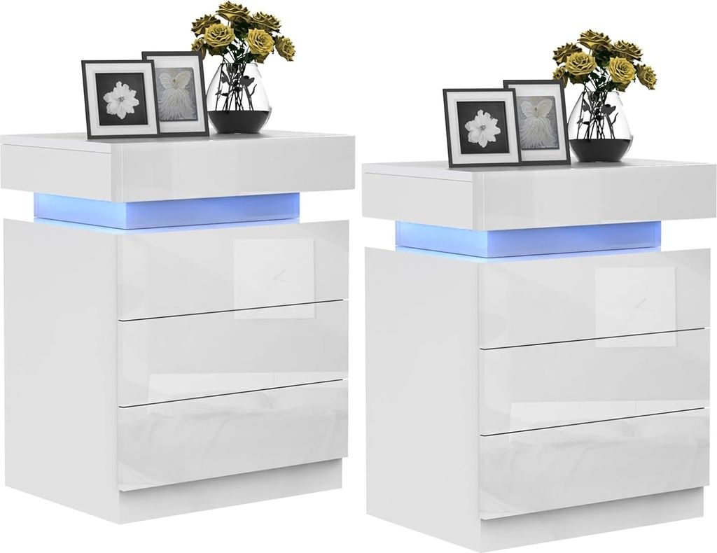 2x Nachttisch mit LED,Weiß Hochglanz Nachtschrank mit Produktbild 