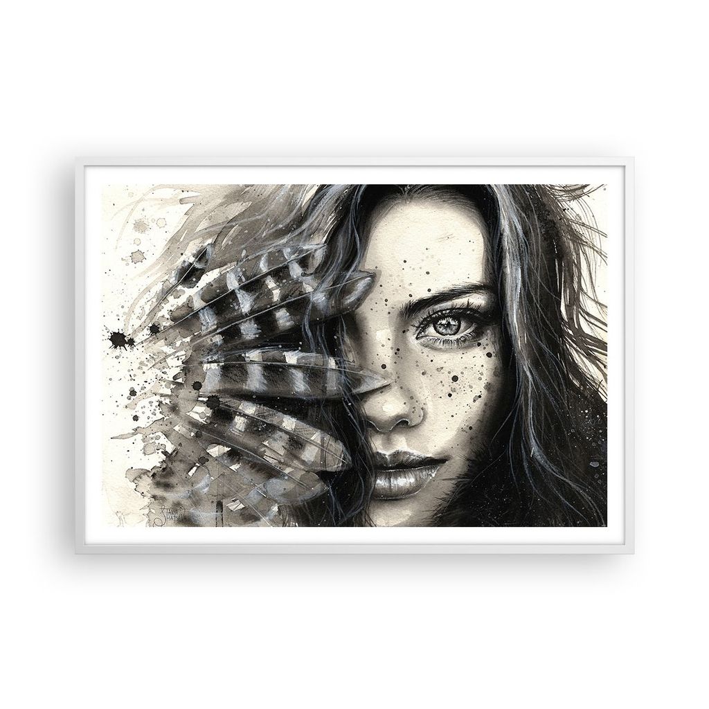 Gerahmtes Poster - Weißer Rahmen - Frau Federn Lippen Kunst. - 100x70 cm - Wand Bild - Wanddeko - Wandbilder - Wandposter - Bilderrahmen - Bilder ...