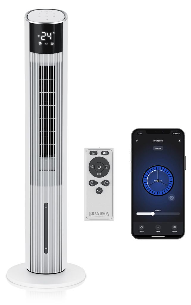 A white tower fan, a remote control, and a smartphone displaying an app are arranged on a white background.