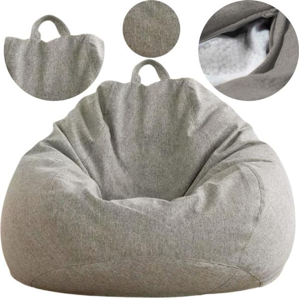 A light gray bean bag chair is shown from the front, with close-up insets of the fabric texture and the interior filling.