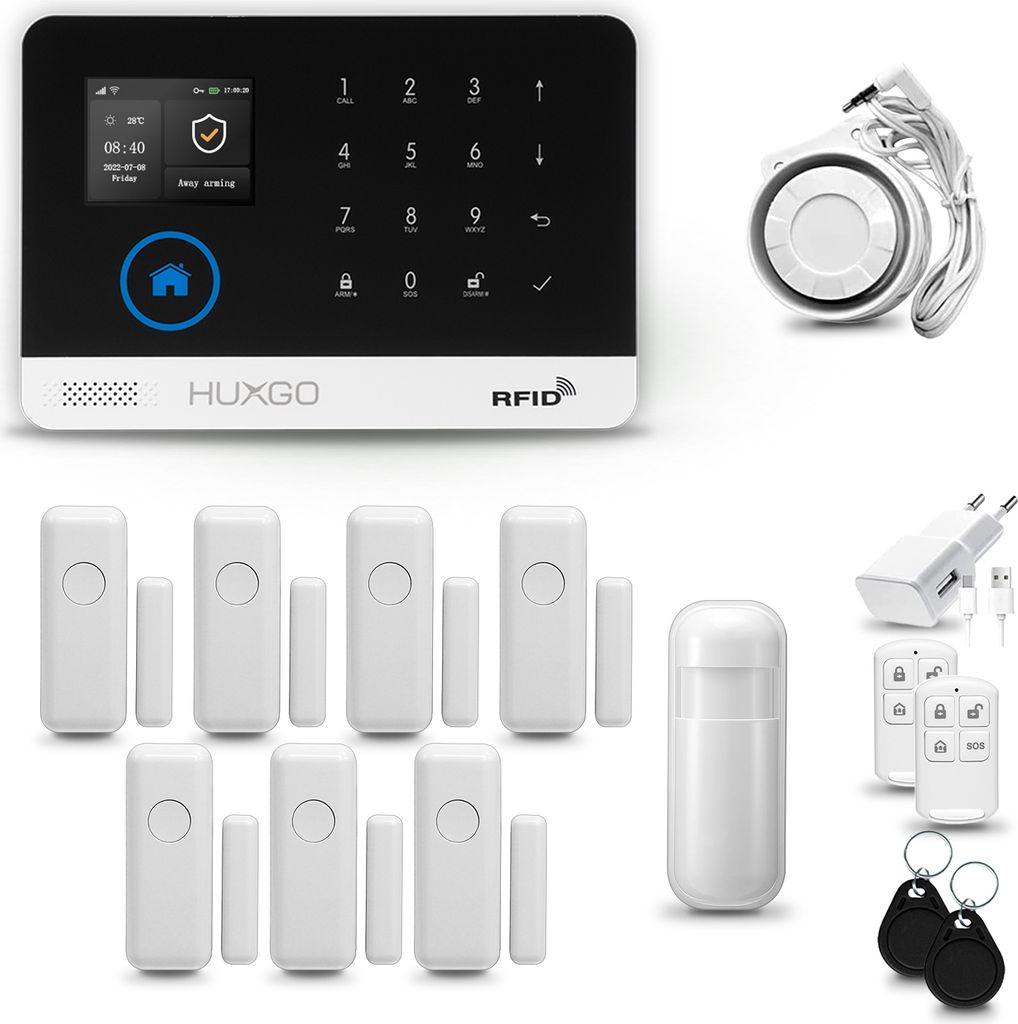 HUXGO HXA003 Alarmanlage Haus WiFi + GSM 4G mit Sirene, Alarm System mit 1x Bewegungssensor und 7x Tür- Fenstersensor, Alarmanlage für Wohnung, H...