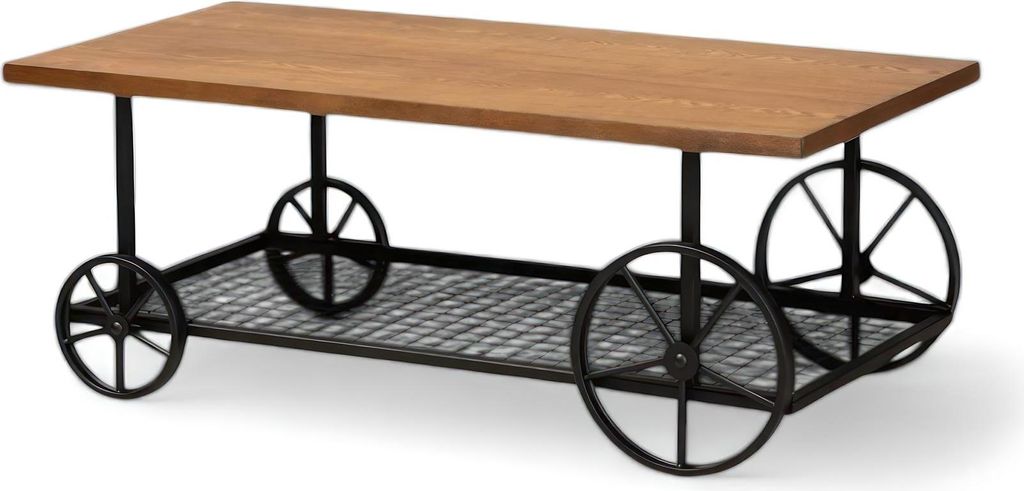 Funktionaler Couchtisch mit praktischem Regal und auffälligen schwarzen Rollen