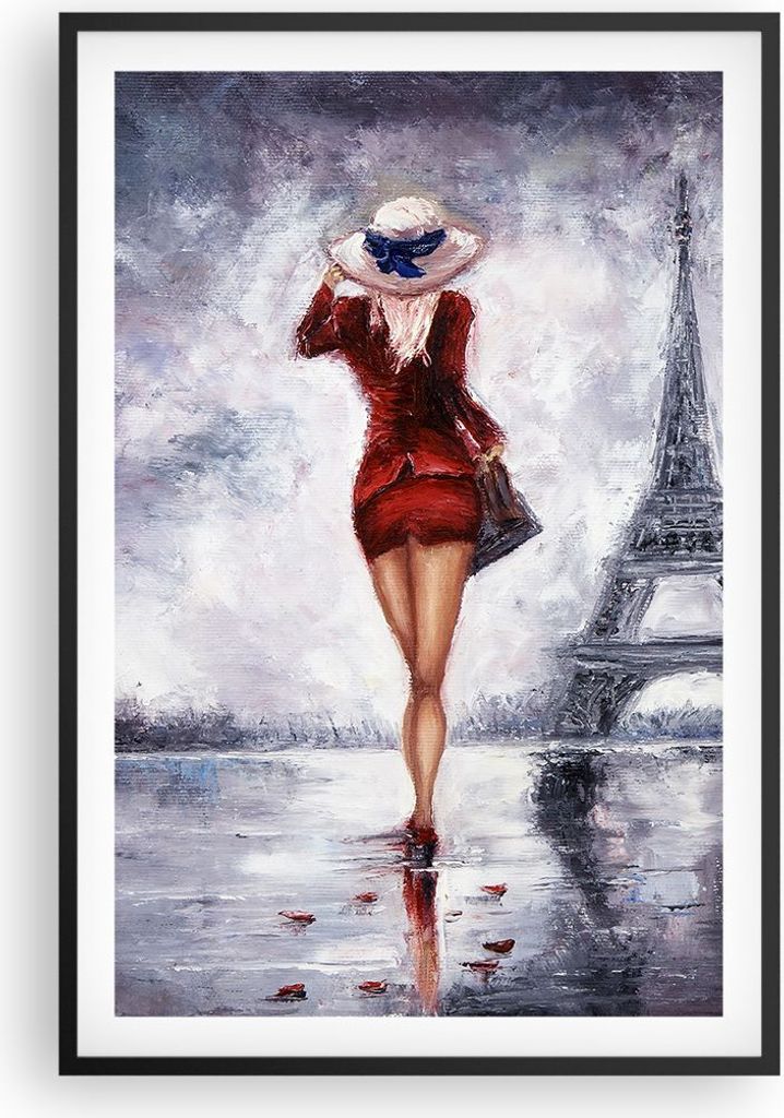 Gerahmtes Poster - Schwarzer Rahmen - Frau Turm Eiffel - 61x91,5 cm - Wand Bild - Wanddeko - Wandbilder - Kunstposter - Wandposter - Bilderrahmen -...