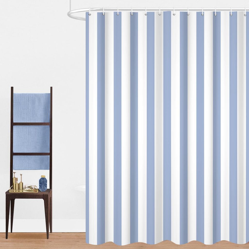 Duschvorhang, 180 x 200 cm, weiß und hellblau. Moderner Minimalismus. Vertikale Streifen. Wasserabweisendes Material. Maschinenwaschbarer Badezimm...