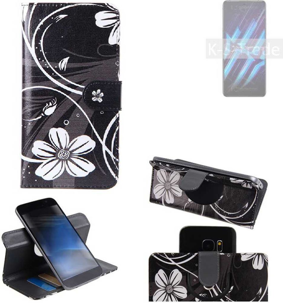 K-S-Trade Schutzhülle Handyhülle kompatibel mit nubia Red Magic 6R Hülle 360° Wallet Case ''Flowers'' Klapphülle Hülle schwarz-weiß 1x