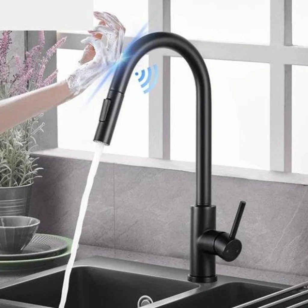 Robinet de cuisine noir tactile idéal pour évier double à bec mobile