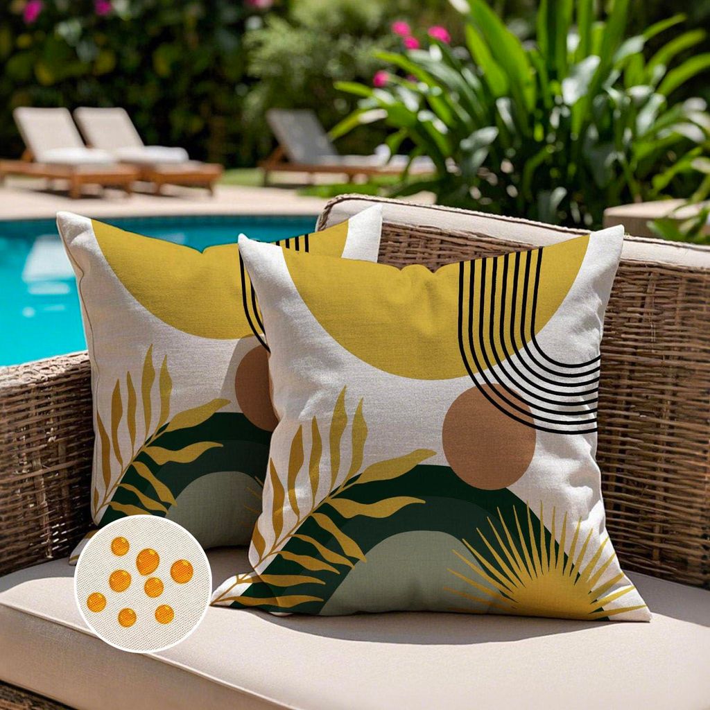 Kissenbezug 45 x 45 cm, wetterfest, gelbgrün, fürs Sofa. Kissenbezug im Boho-, modernen, minimalistischen, geometrischen Stil mit tropischen Blä...