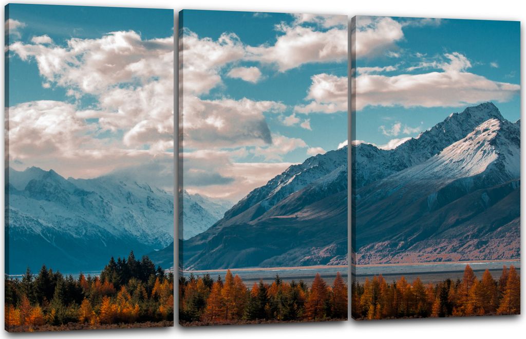 Leinwandbild 3-teilig (120x80cm): Landschaftsbilder Berge am See und Wald unter blauem Himmel, echter Holz-Keilrahmen inkl. Aufhänger, handgeferti...