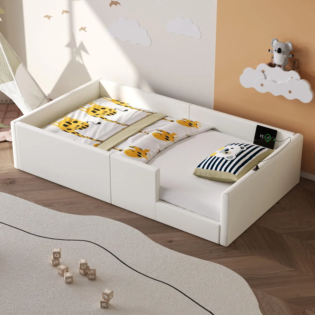 Flieks Lit Rembourré 90x200cm Blanc en PU avec Sommier à Lattes Inclus