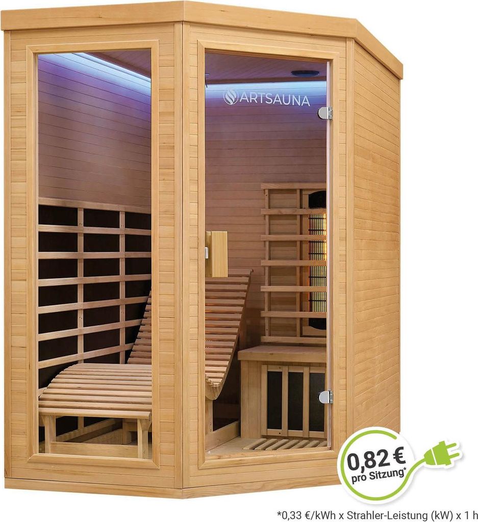 Artsauna Infrarotkabine Kolding – Triplex-Heizsystem Infrarotsauna - 2 Personen – LED-Farblicht, digitale Steuerung – Hemlock-Holz