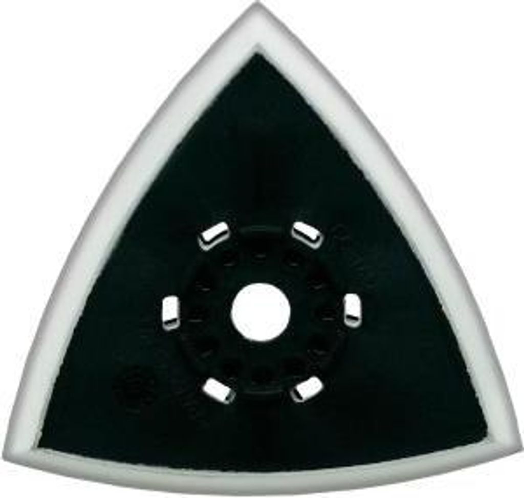 A triangular sanding pad with a central hole and surrounding smaller holes.