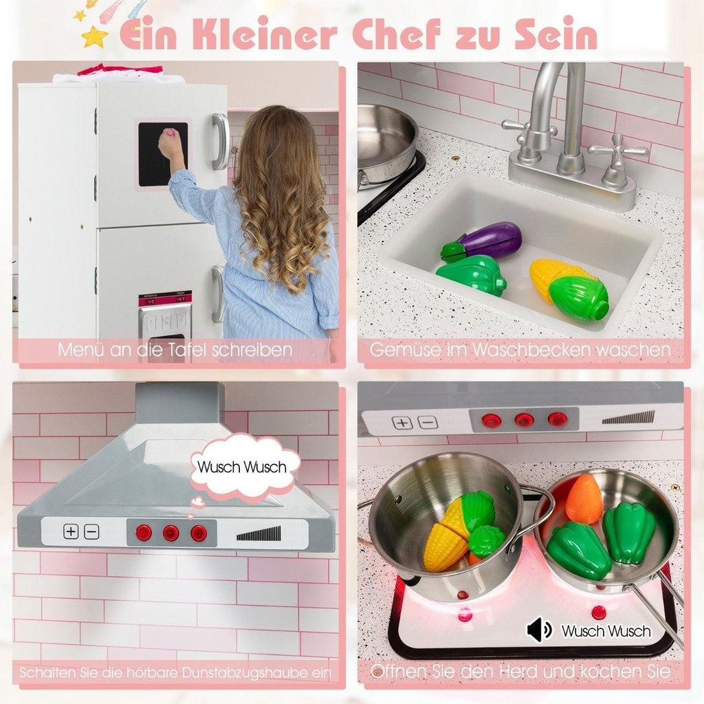Eck Spielküche mit Sound und Licht Kinderküche aus Holz inkl. Schürze und Spielzubehör 85 x 84 x 85 cm Weiß + Rosa