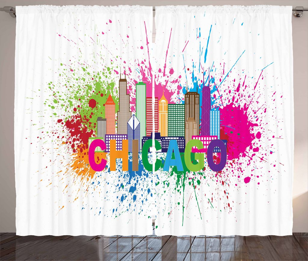 ABAKUHAUS Chicago Skyline Rustikaler Vorhang, Bunte Splash, Wohnzimmer Universalband Gardinen mit Schlaufen und Haken, 280 x 245 cm, Mehrfarbig