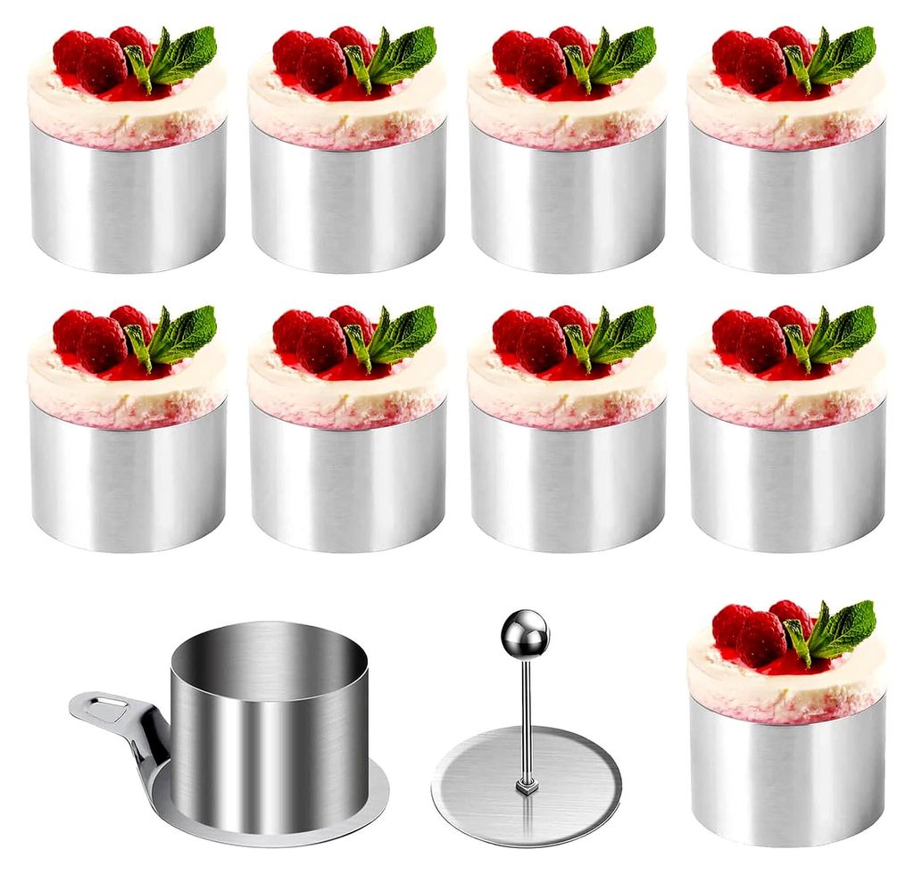 Dessertringe 8 cm – Set mit 10 Stück, Deckel und Bodenplatte – Backzubehör für Mousse, Torten und Gebäck
