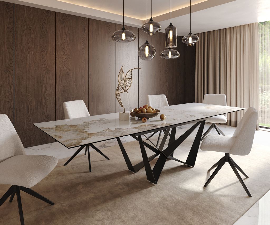 DELIFE Esstisch Edge 200-300x100 Keramik Minas Melange Weiß-Beige Spider Flachstahl Schwarz ausziehbar
