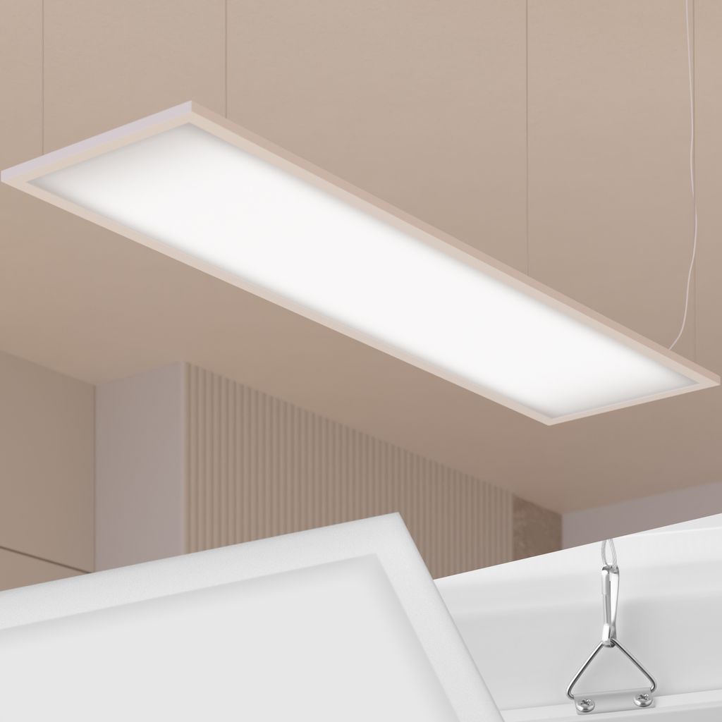 A rectangular LED panel light is suspended from the ceiling.