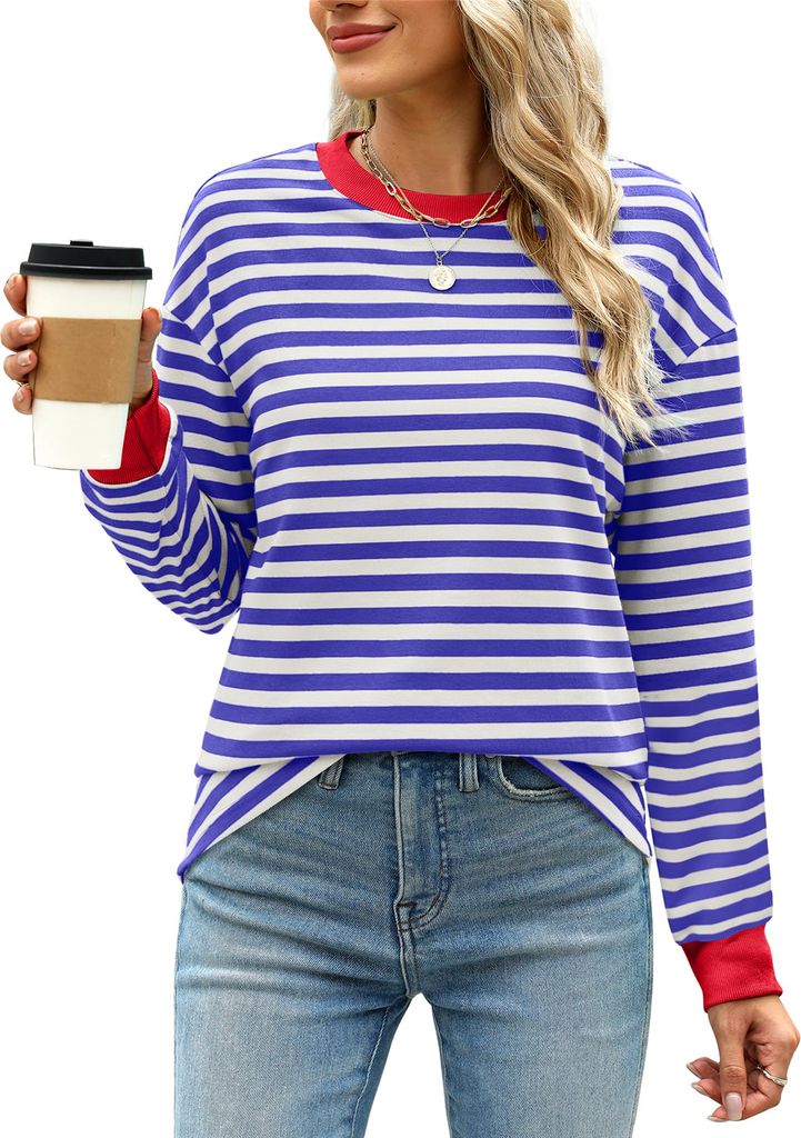 ASKSA Damen T-Shirt Rundhals Langarm Shirts Gestreift Basic Elegant Casual Lose Frauen Tunika Oberteile (Dunkelblau,L)