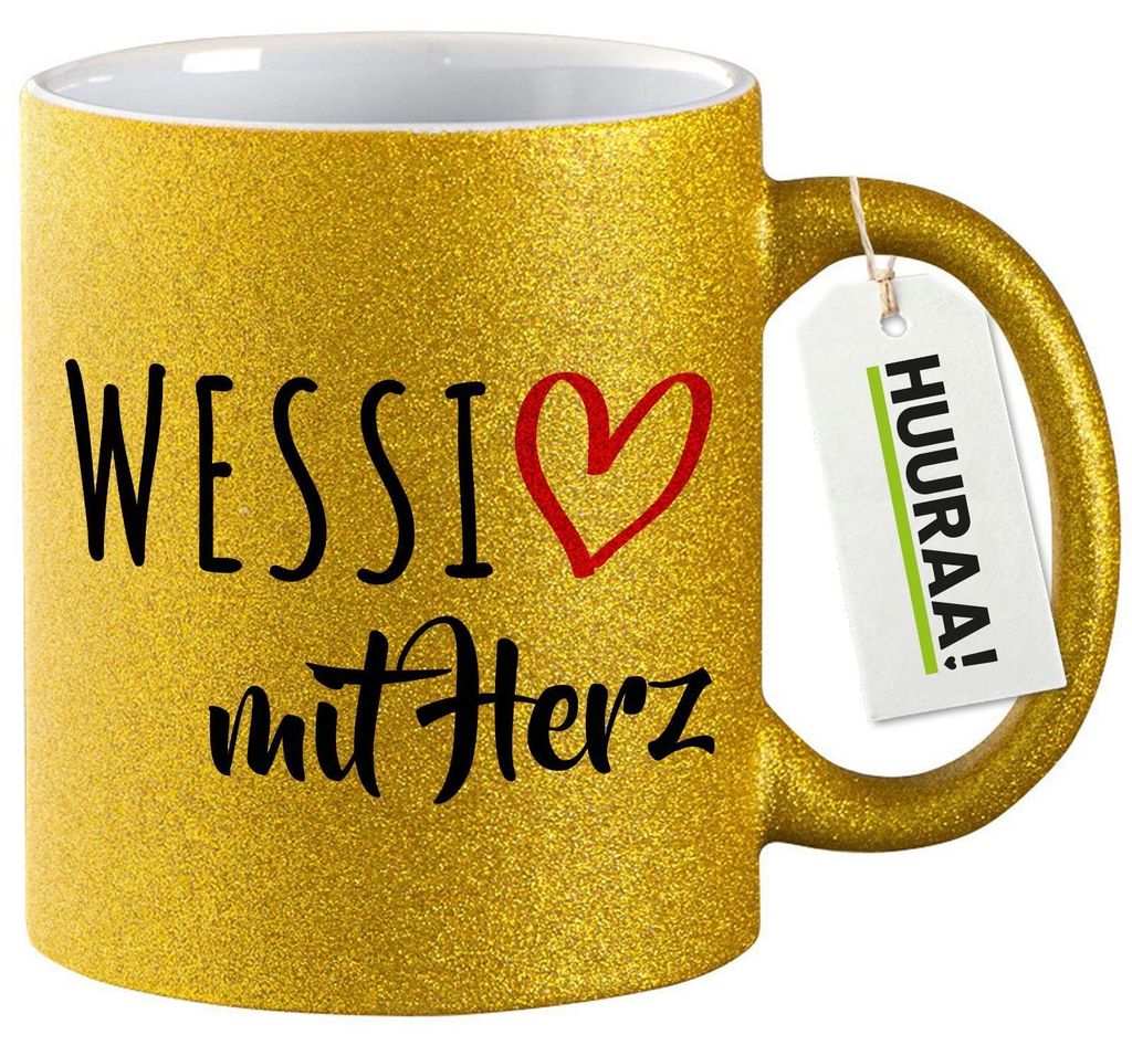 Huuraa Glitzertasse Wessi mit Herz 330ml Gold Keramik Kaffeebecher Geschenkidee