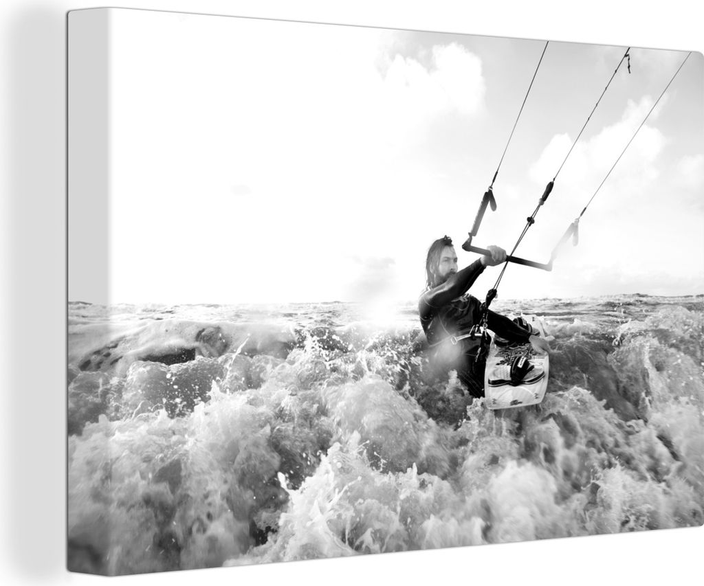 OneMillionCanvasses - Leinwandbilder - 140x90 cm, Kitesurfer auf wildem Wasser - schwarz und weiß, Wandbilder Kunstdruck Wanddekoration